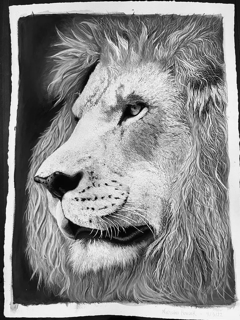 Gouache painting of a lion's head in three-quarter profile, its mane rendered in fine strokes against a dark ground.